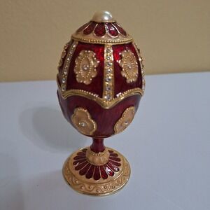 Musical Egg Trinket Box Red Enamel Gold Tone Hinged Jewelry Box Music